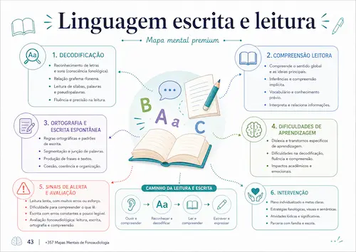 Mapa mental de linguagem escrita e leitura